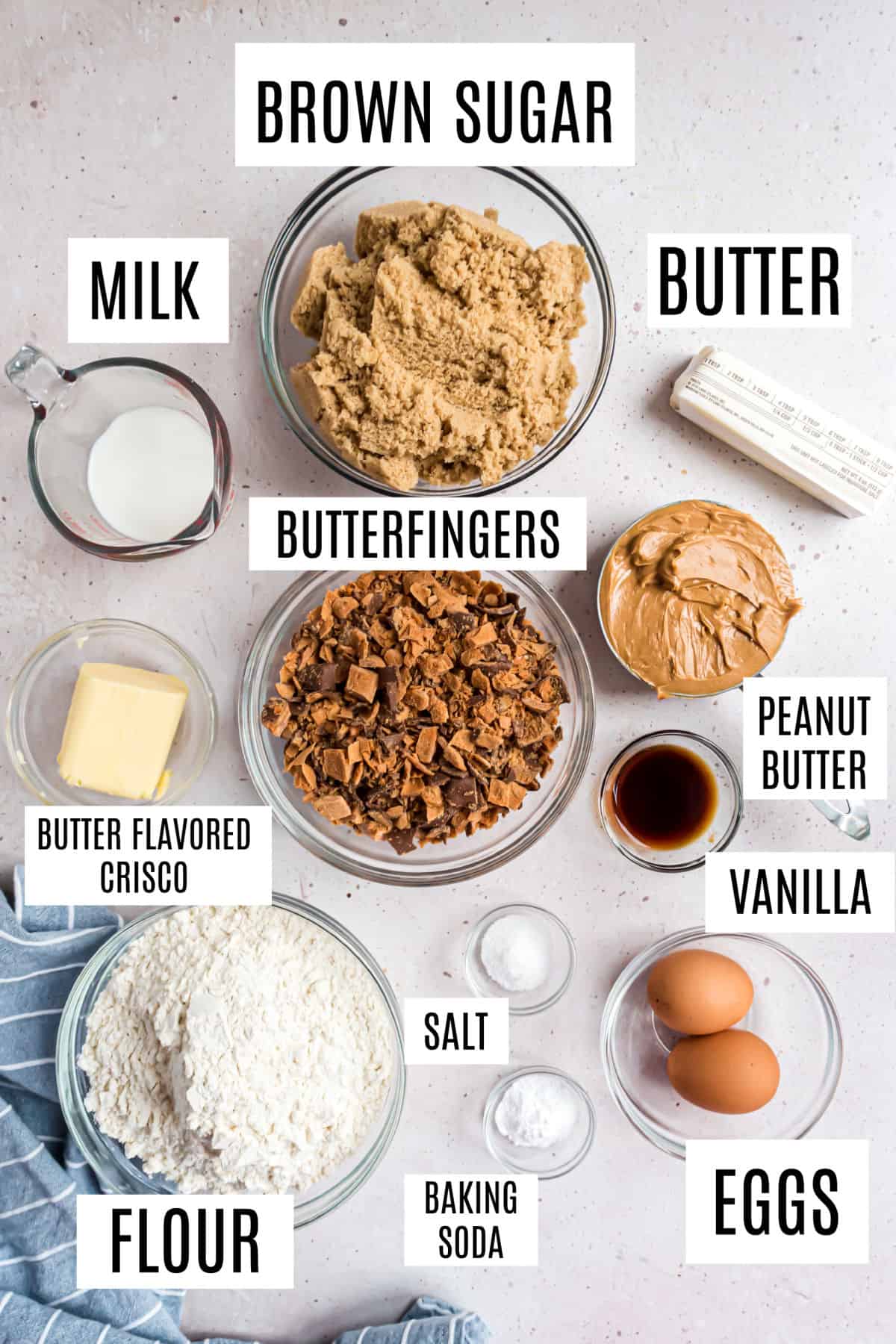 Ingredients needed to make butterfinger cookies.