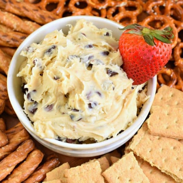 Chocolate Chip Cookie Dough Dip tastes like cookie dough and is totally safe to eat. Easy no bake recipe. Whip up a batch of this chocolate chip cookie dough dip and enjoy as a yummy dip or alone with a spoon!