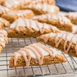 Copycat starbucks pumpkin scone on a wire rack.