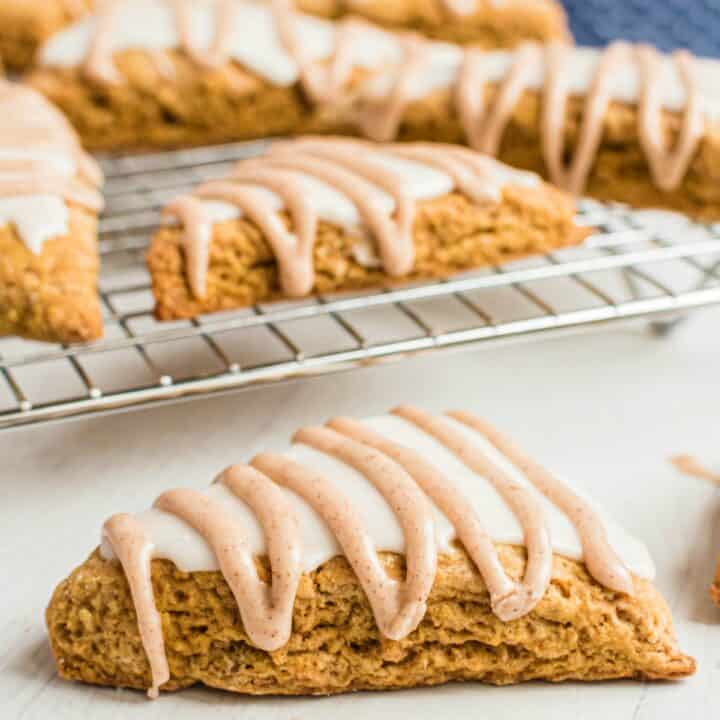 Pumpkin scone with vanilla and cinnamon glazes.