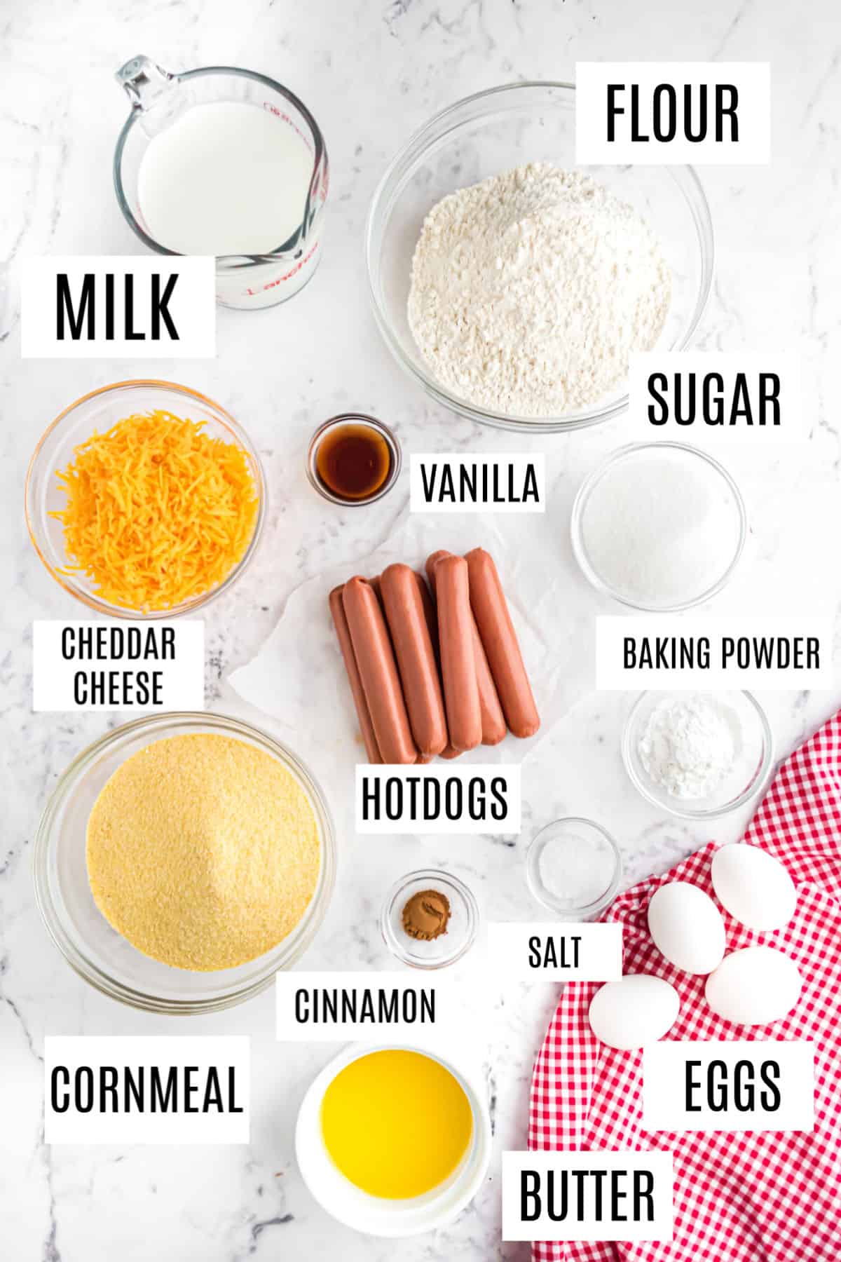 Ingredients needed for homemade corn dog muffins.