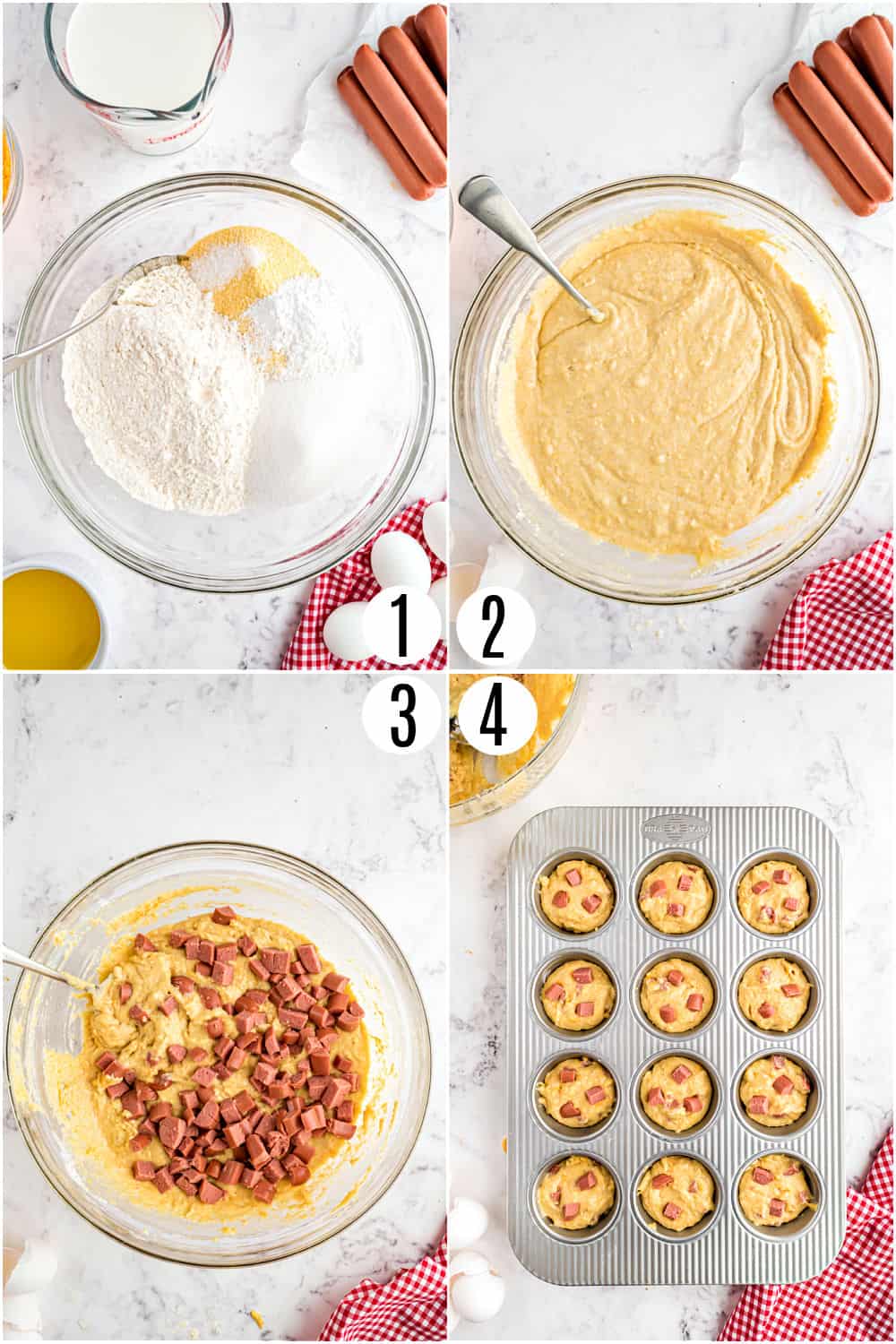 Step by step photos showing how to make corn dog muffins.