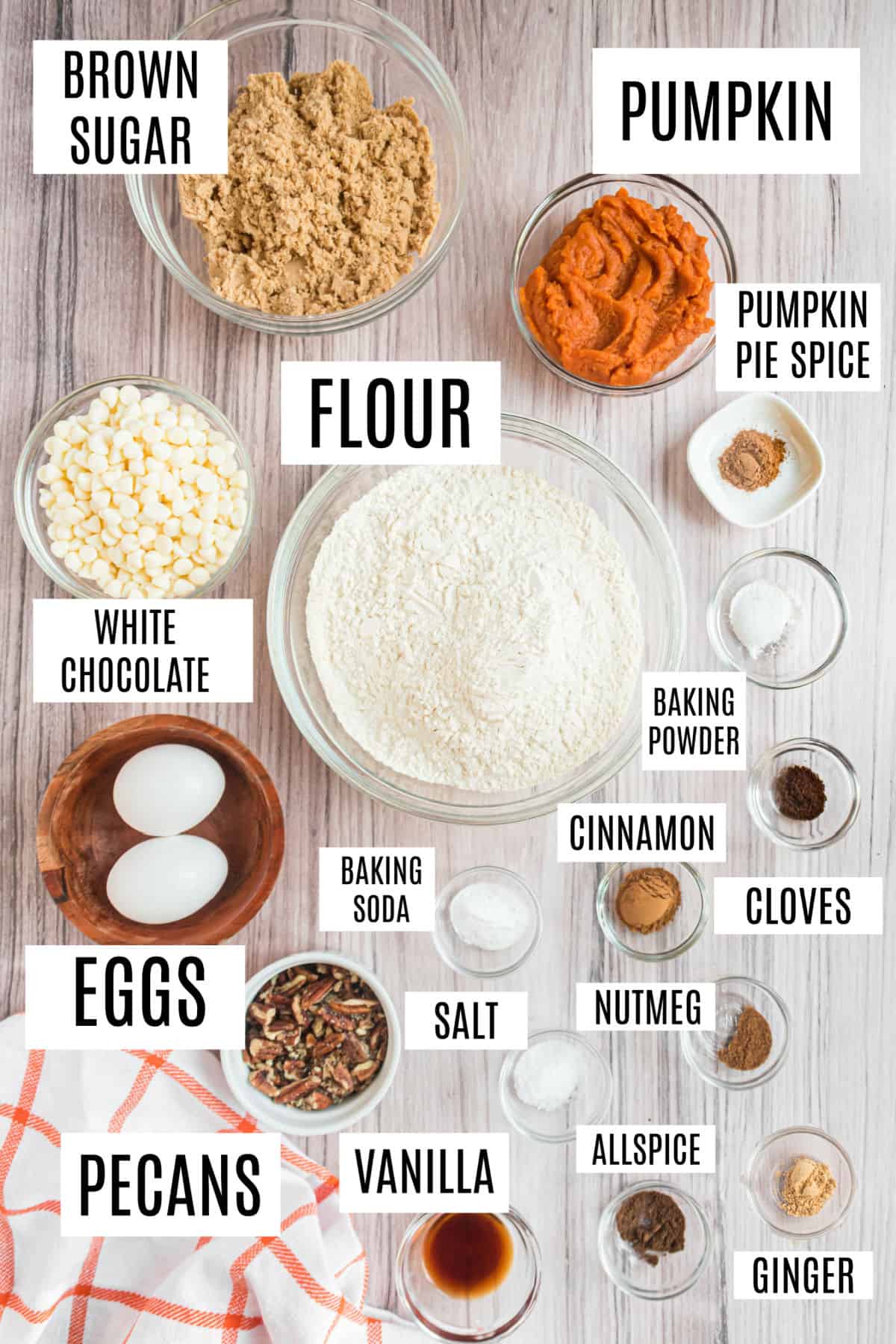 Ingredients needed to make pumpkin spice biscotti.
