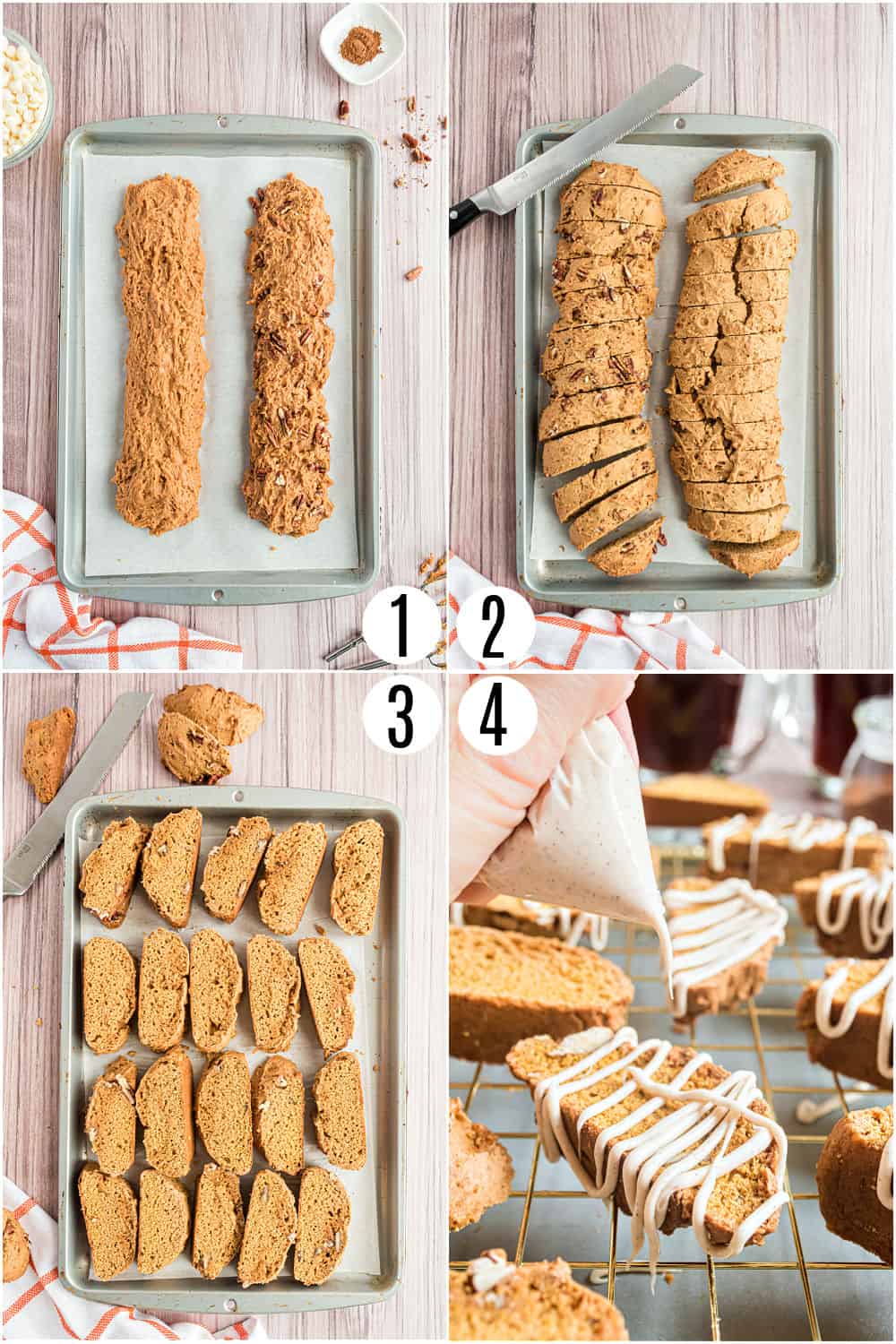 Step by step photos showing how to make pumpkin spice biscotti.