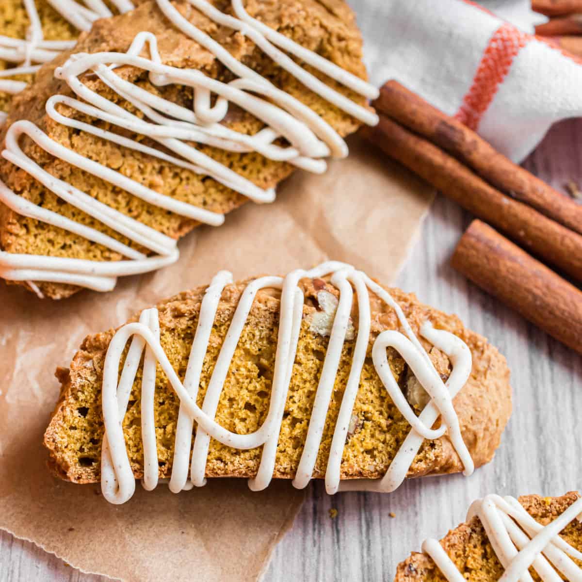 Pumpkin biscotti with white chocolate drizzle.