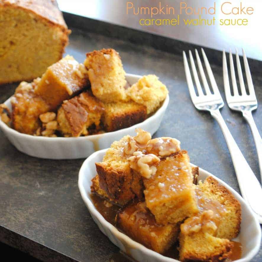 pumpkin pound cake with caramel walnut sauce