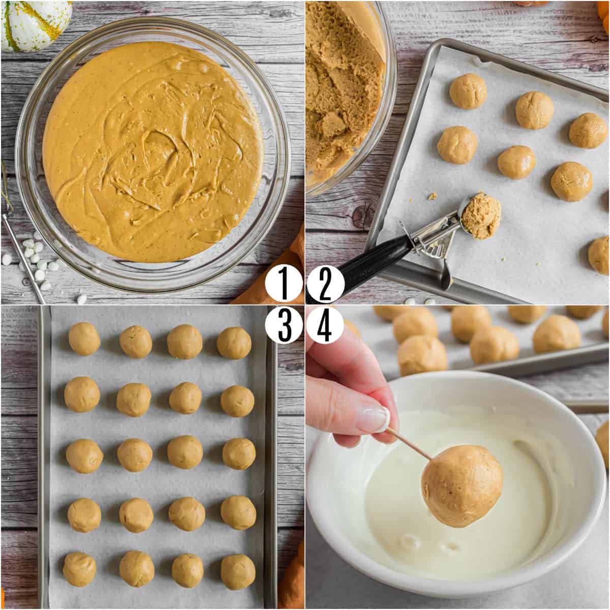 Step by step photos showing how to dip pumpkin truffles.