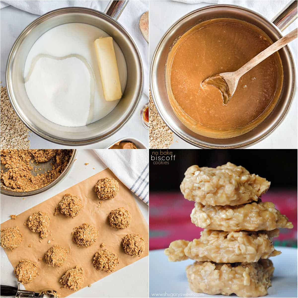 Step by step photos showing how to make no bake biscoff cookies.