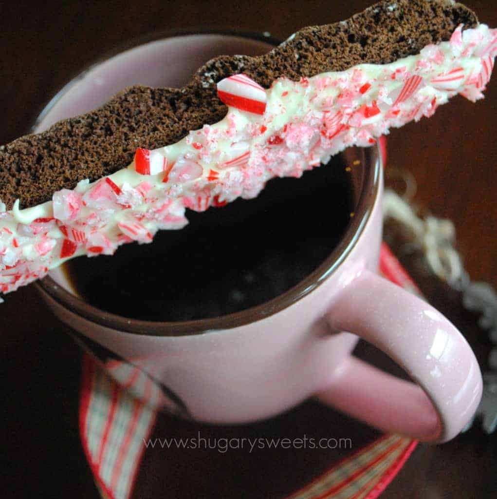 Chocolate Peppermint Biscotti on a pink mug of coffee