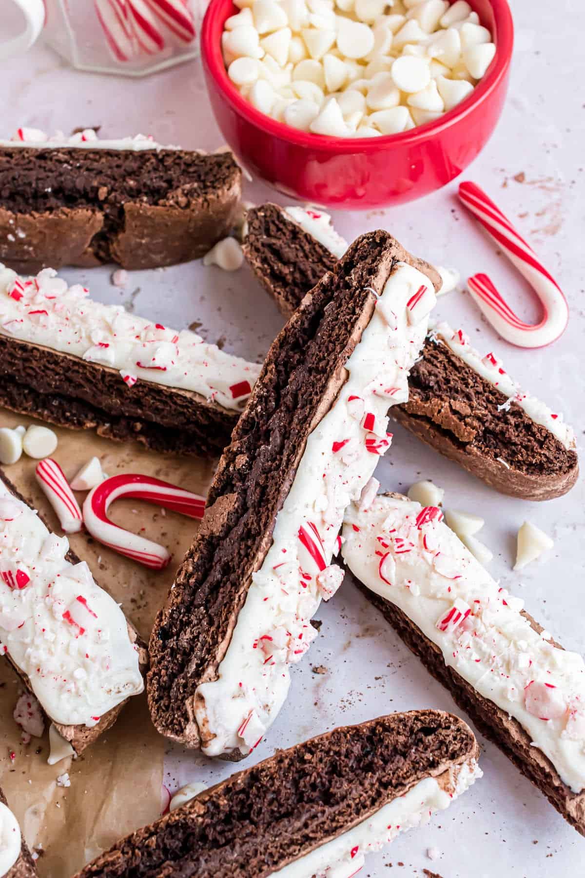 Large chocolate biscotti dipped in white chocolate and crushed peppermint.