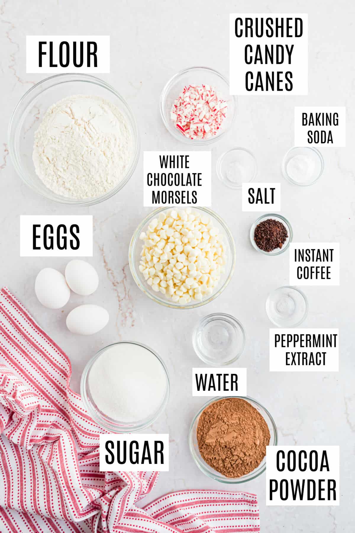 Ingredients needed to make chocolate biscotti with peppermint.