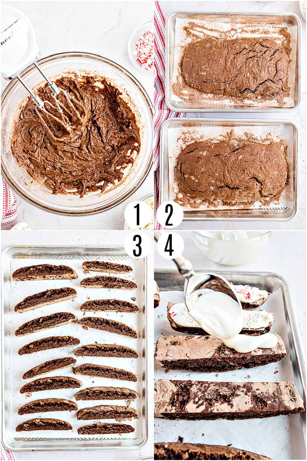 Step by step photos showing how to make chocolate biscotti.