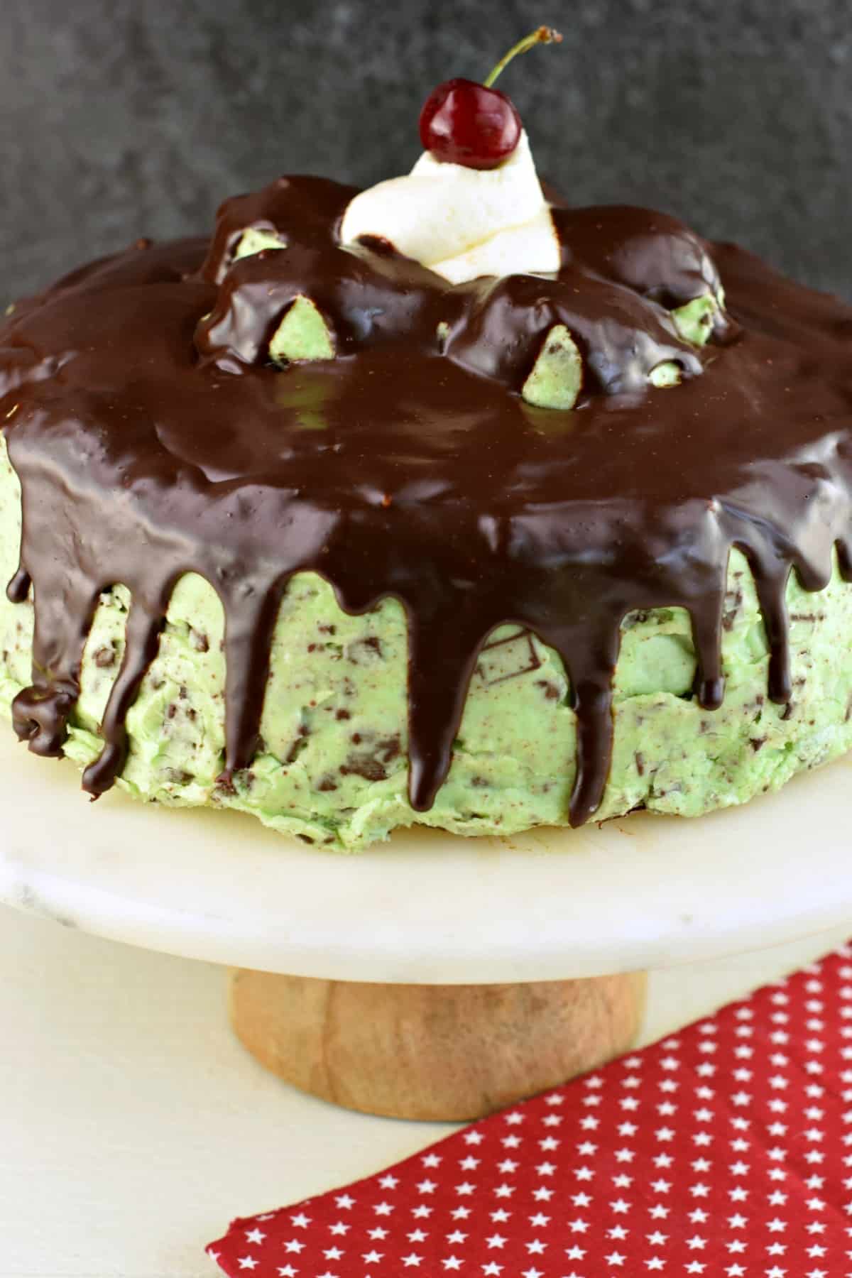 Chocolate cake covered in mint chocolate chip frosting and chocolate ganache on a white cake stand.