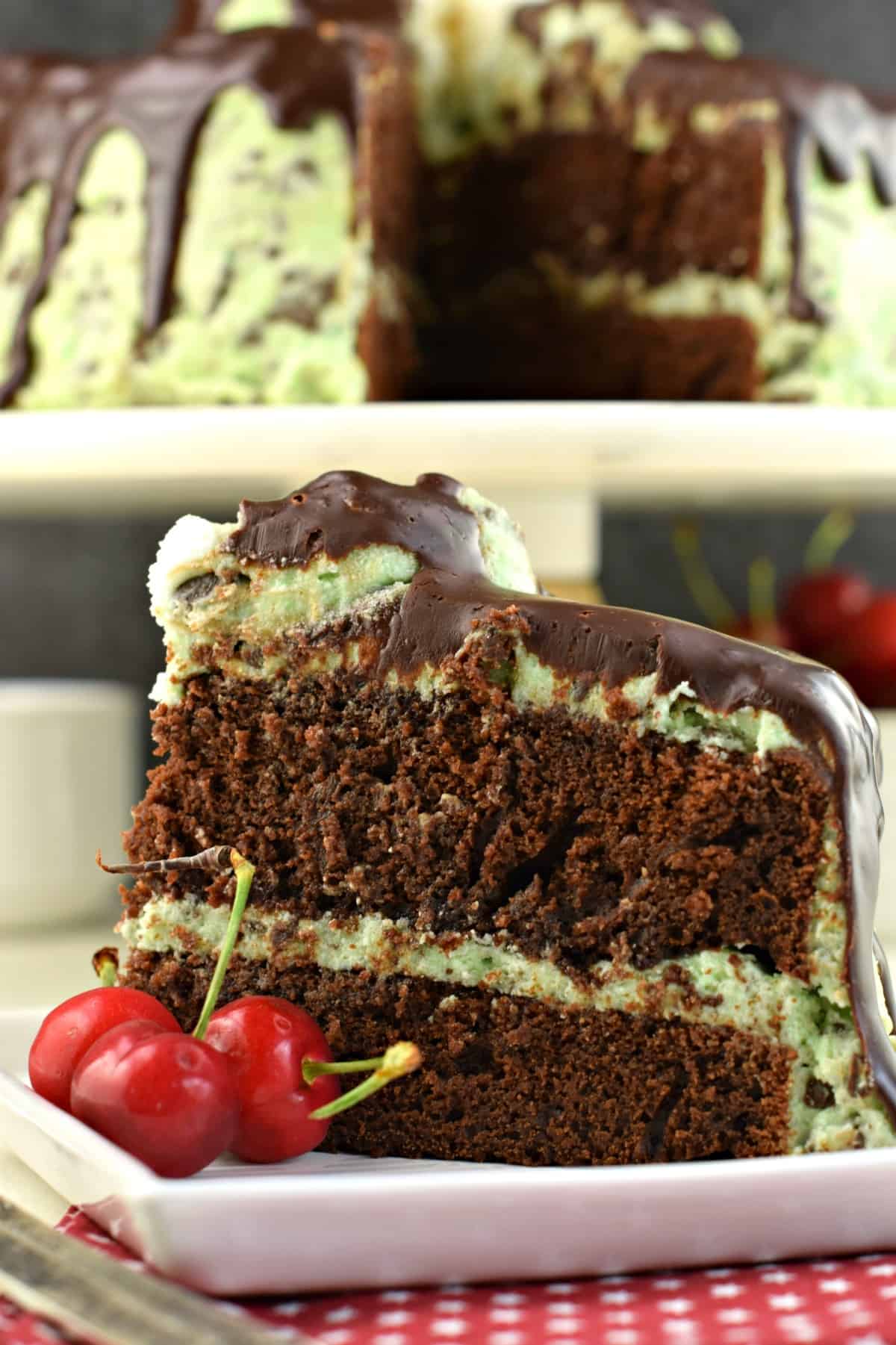 Slice of chocolate cake on a white plate, with full size cake in background. Cake topped with mint chocolate chip frosting.