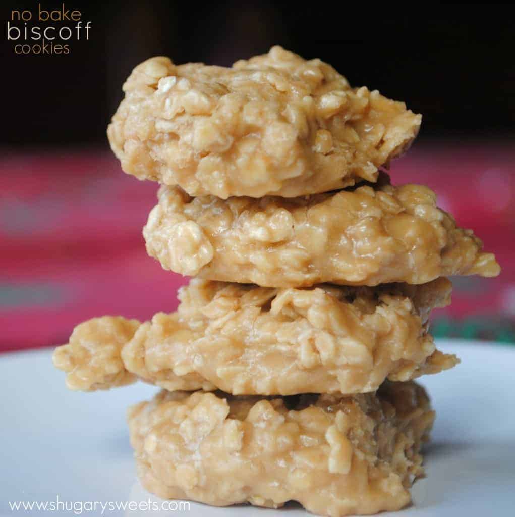 Stack of four no bake biscoff cookies.