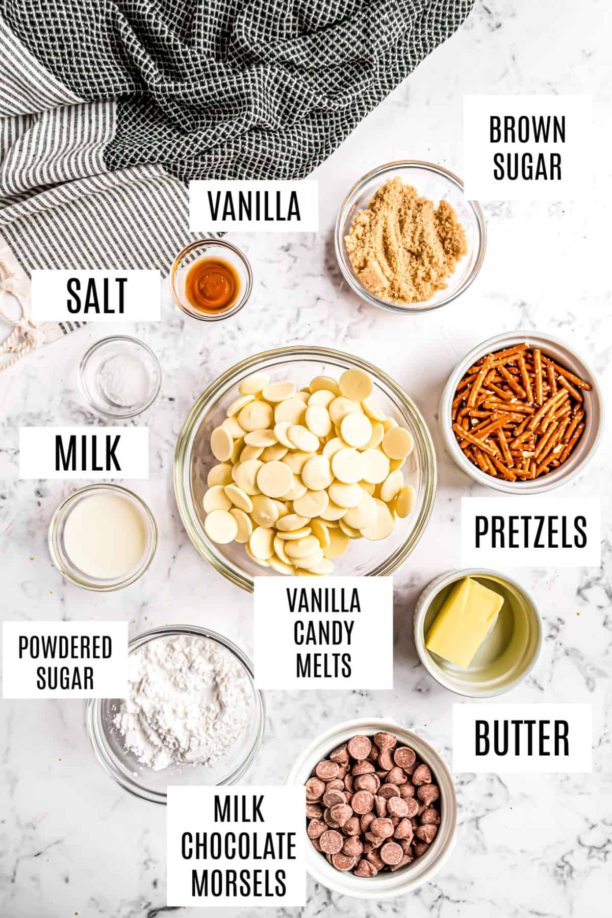 Ingredients needed to make salted caramel bark candy.