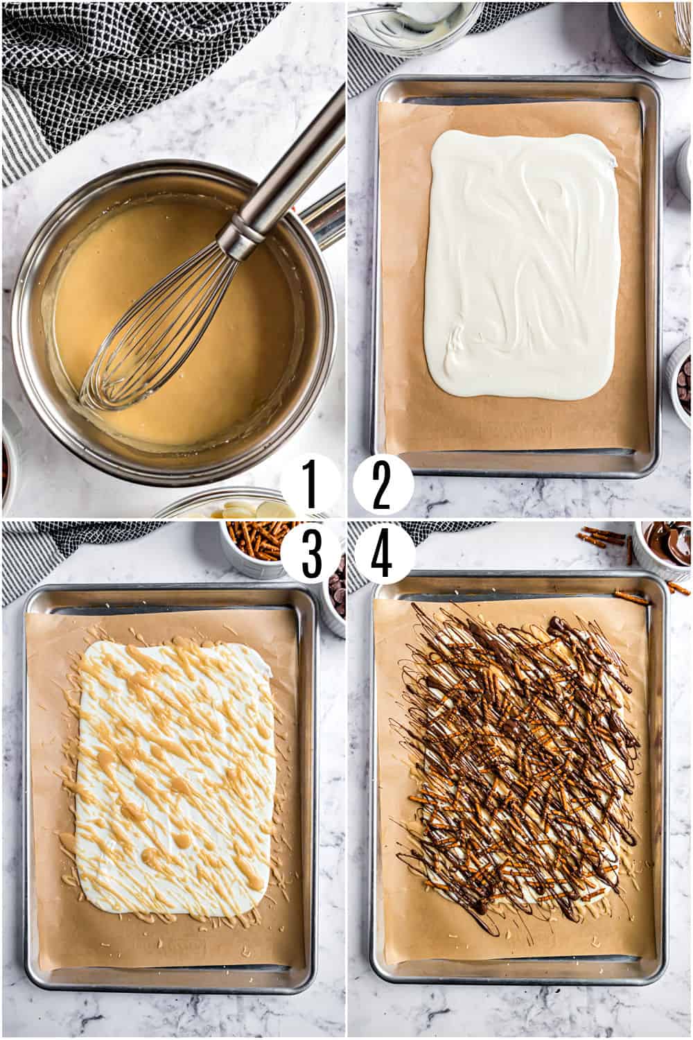 Step by step photos showing how to make salted caramel candy.