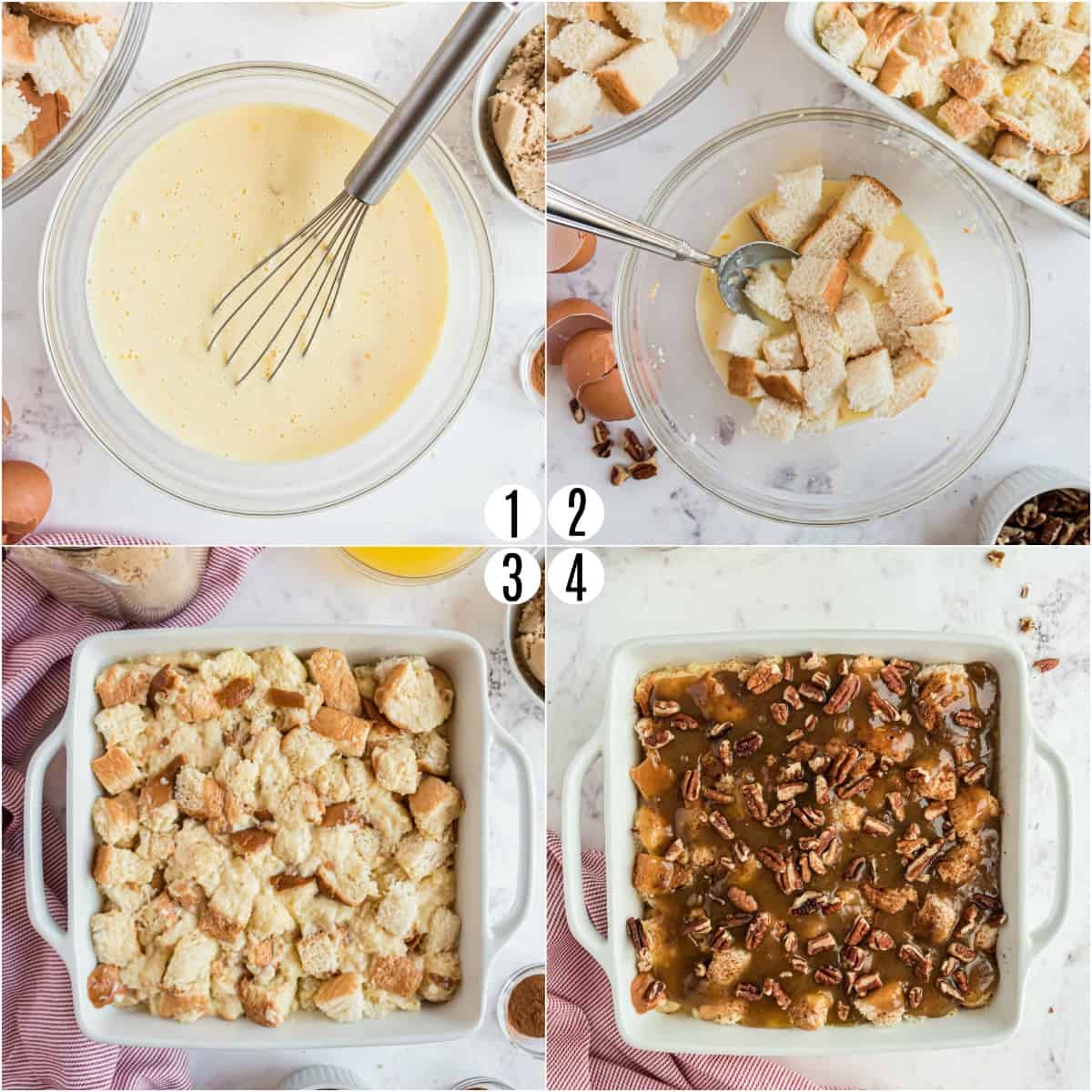 Step by step photos showing how to make eggnog french toast casserole.