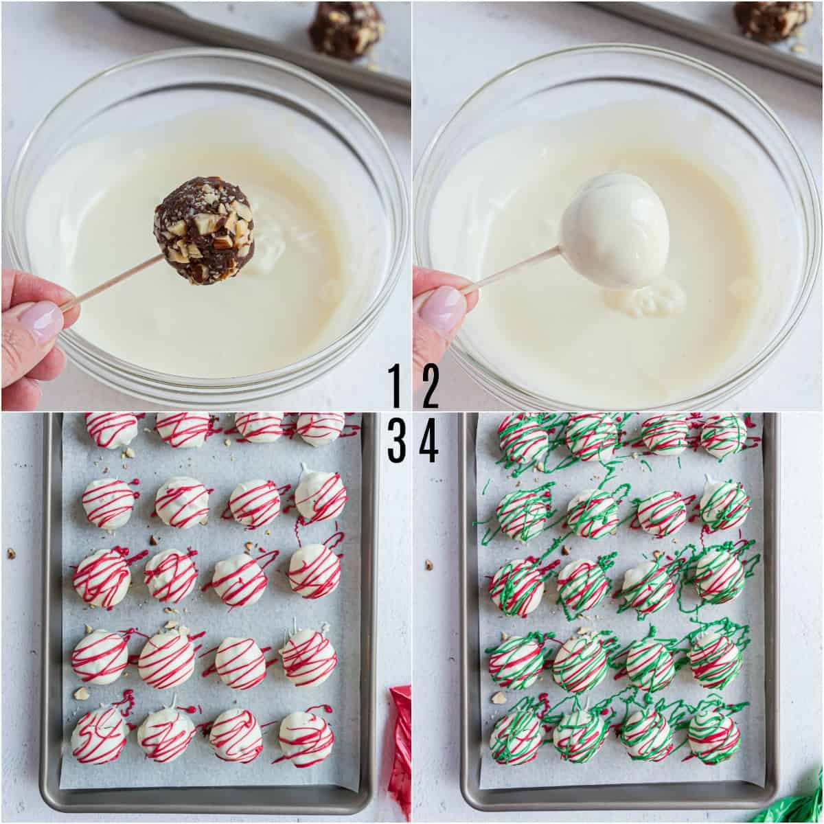 Photos showing how to dip almond truffles.