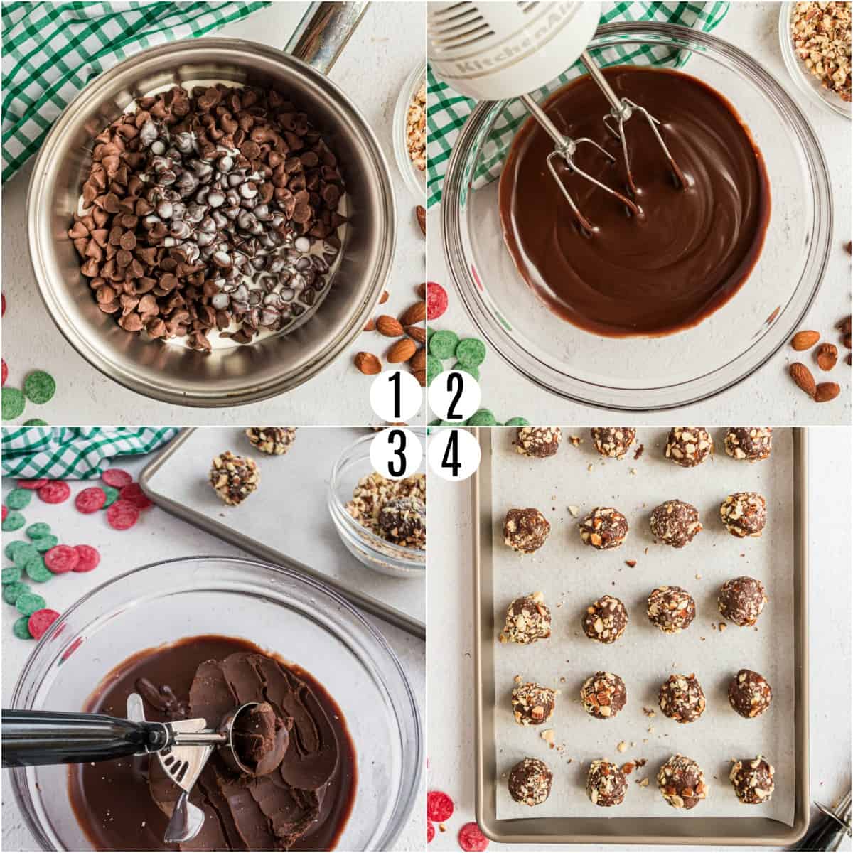 Step by step photos showing how to make almond truffles.