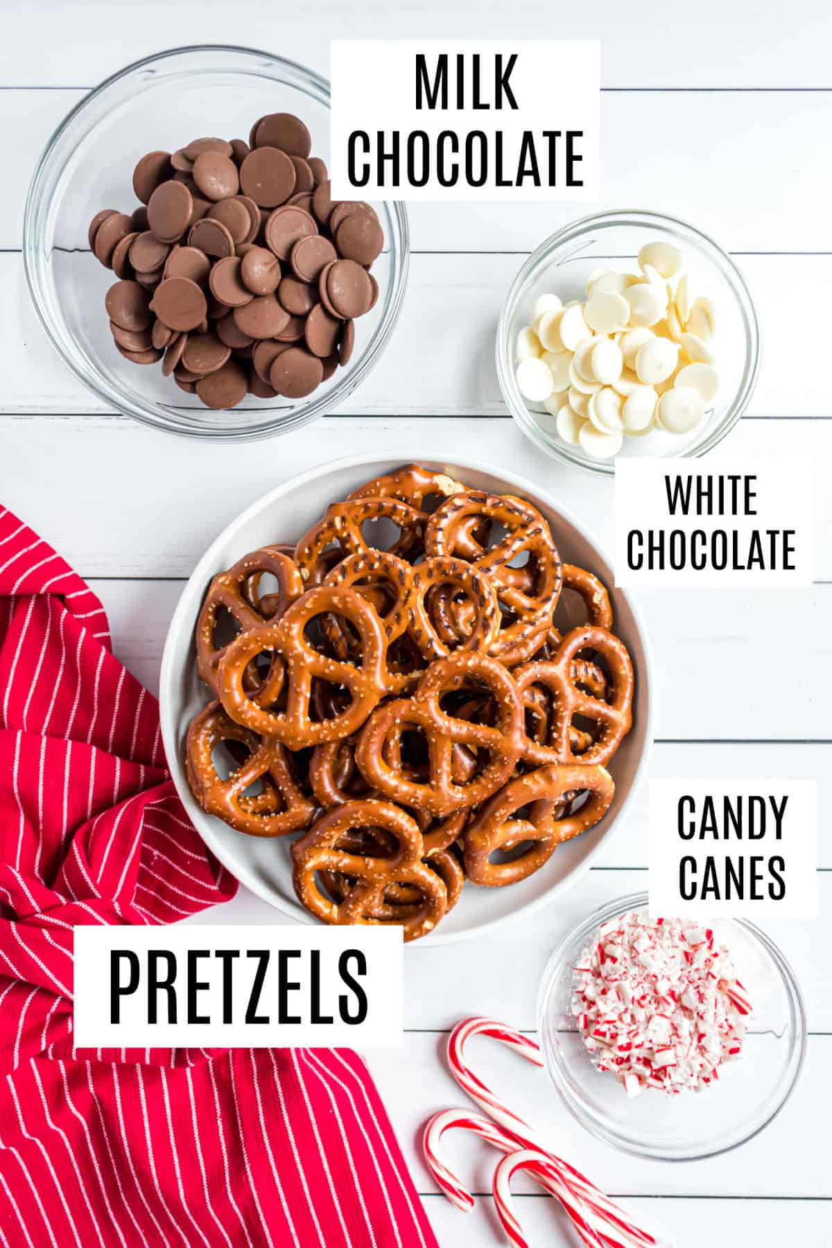 Ingredients needed to make chocolate covered pretzels.
