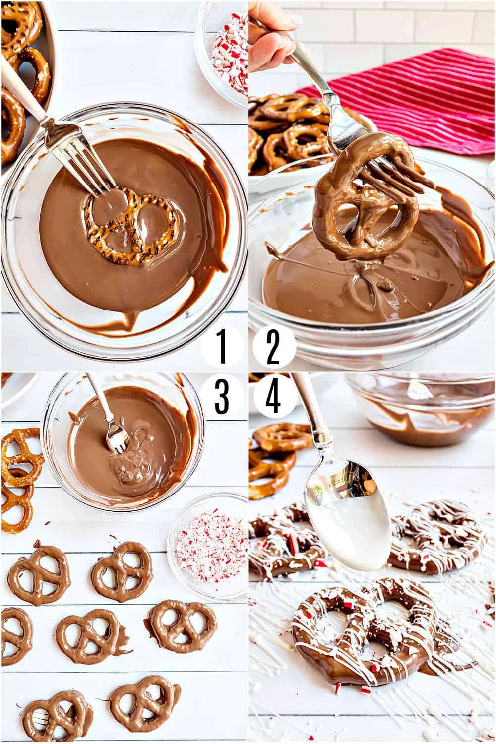 Step by step photos showing how to make chocolate covered peppermint pretzels.
