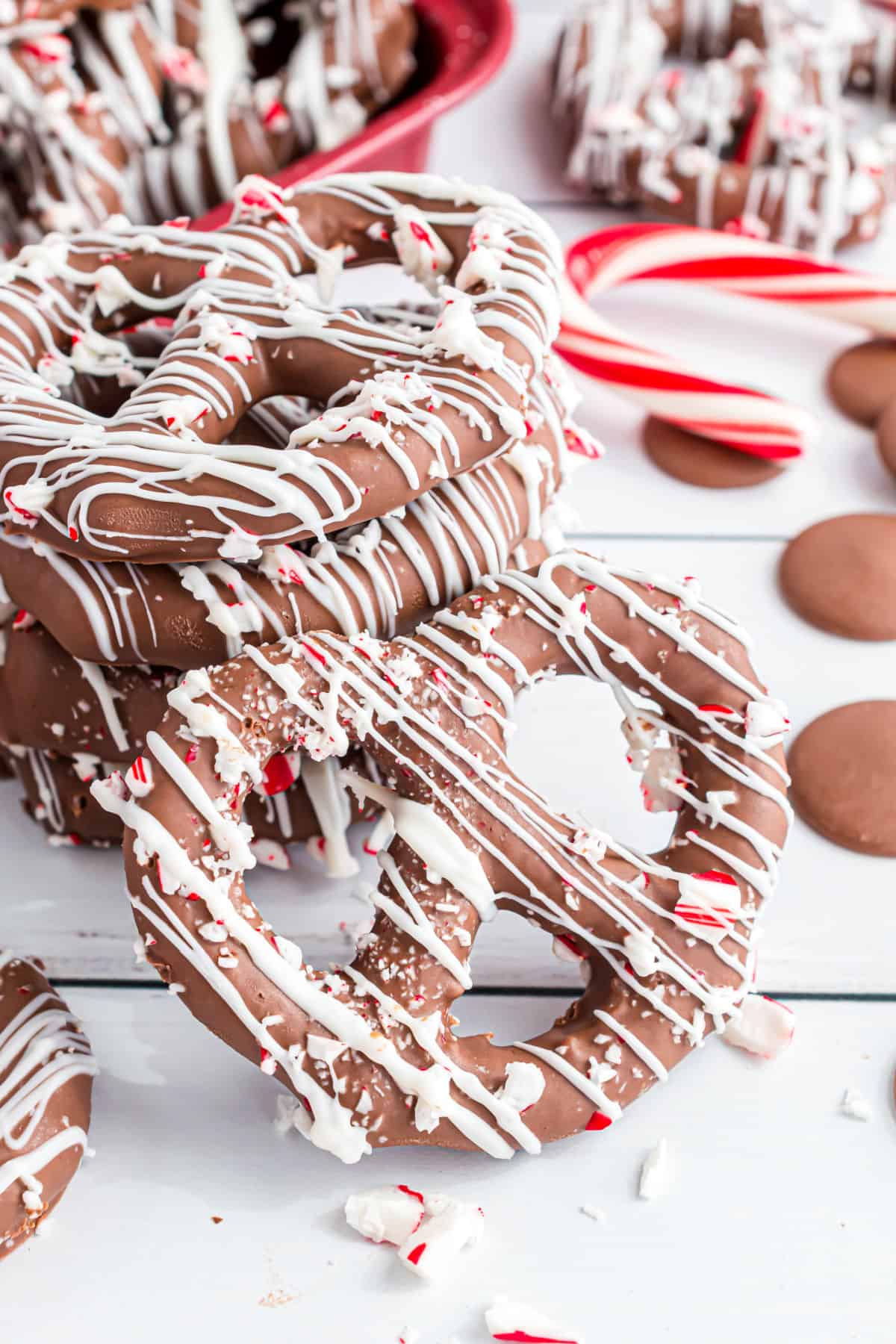 Chocolate covered pretzels drizzled with white chocolate and crushed candy canes.