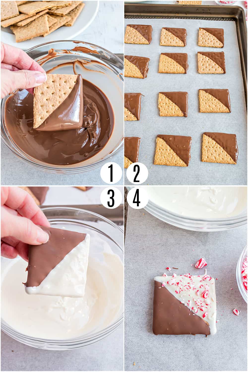 Step by step photos showing how to make chocolate peppermint grahams.