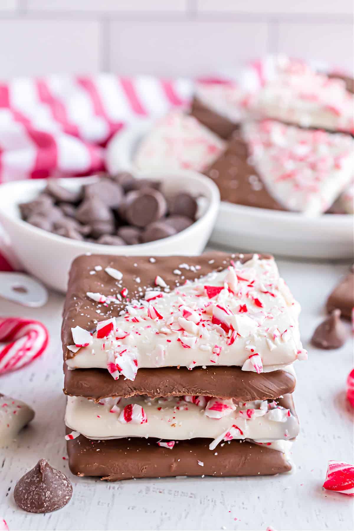 Stack of four chocolate peppermint grahams.