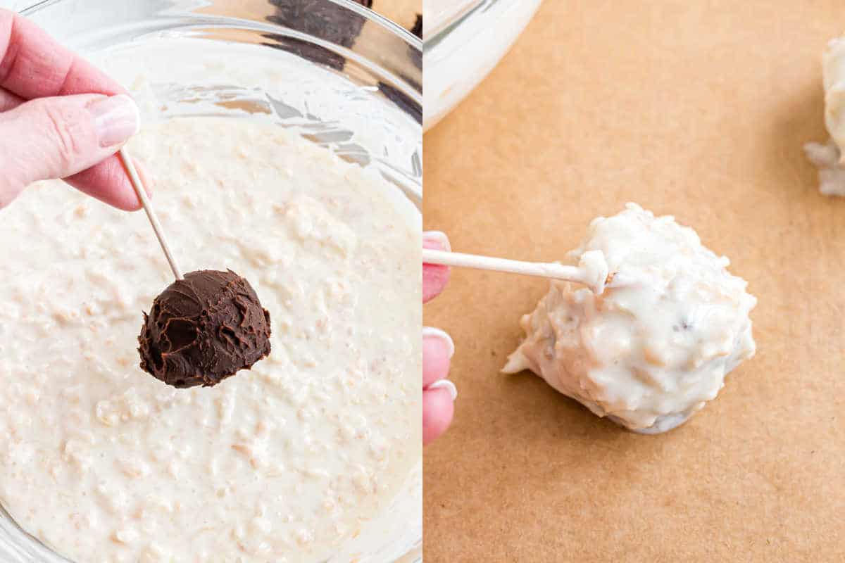 Step by step photos showing how to dip chocolate truffles in coconut.