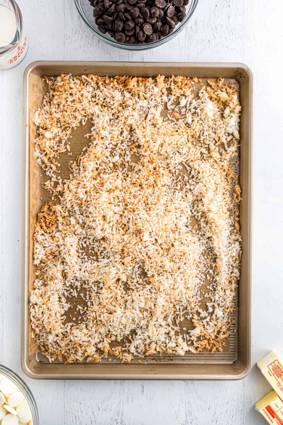 Sheet pan with toasted coconut.