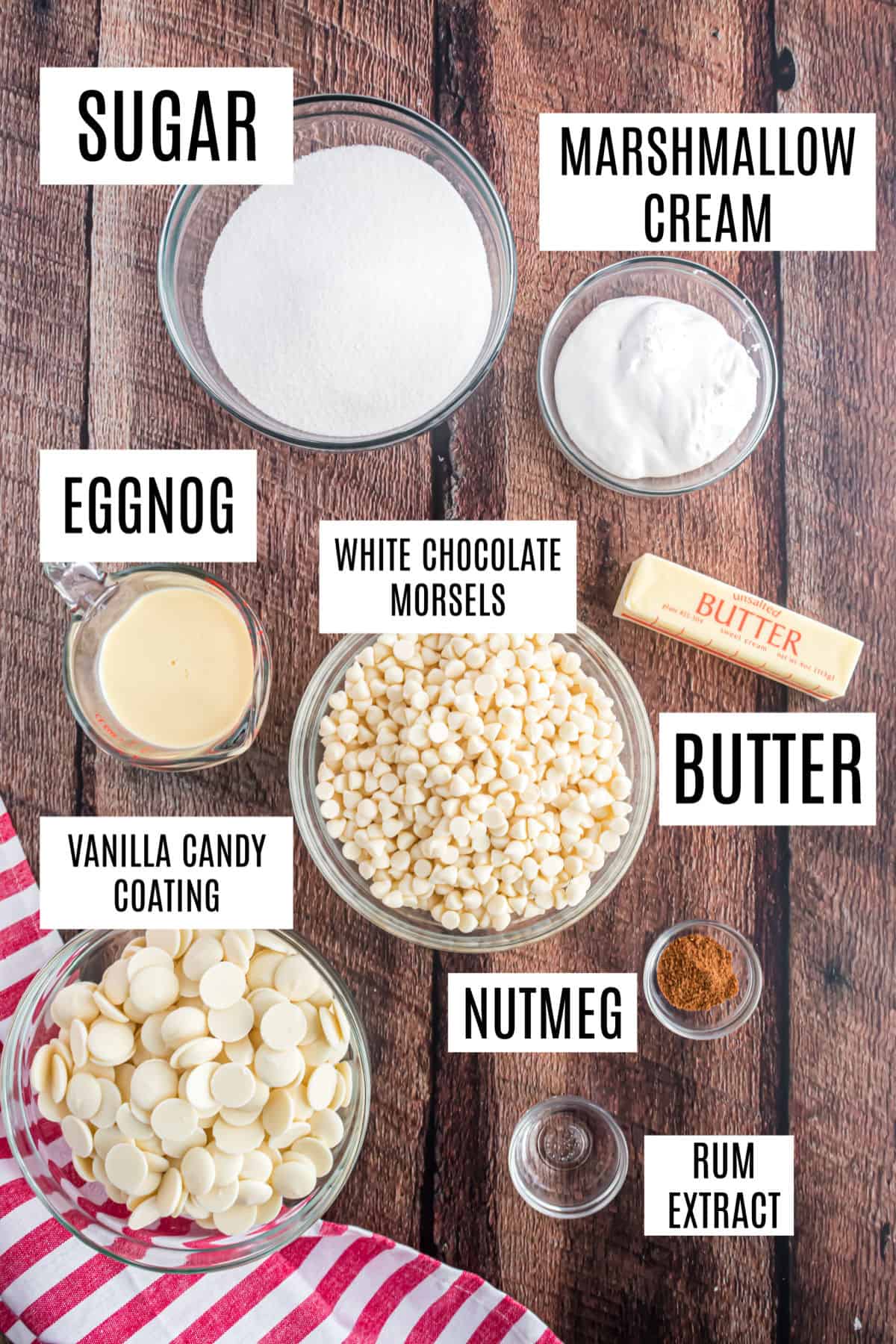 Ingredients needed to make eggnog truffles.