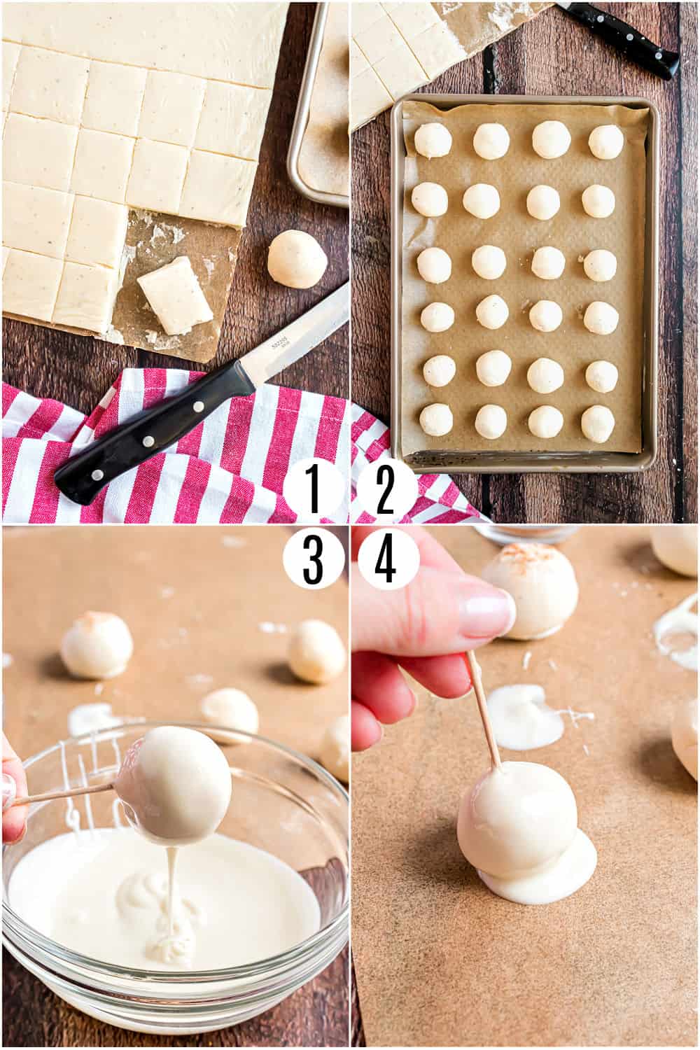 Step by step photos showing how to make eggnog truffles dipped in white chocolate.