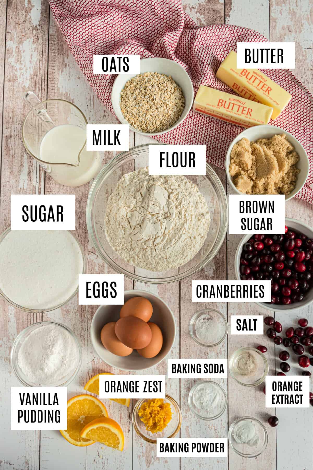 Ingredients needed to make Cranberry orange muffins.