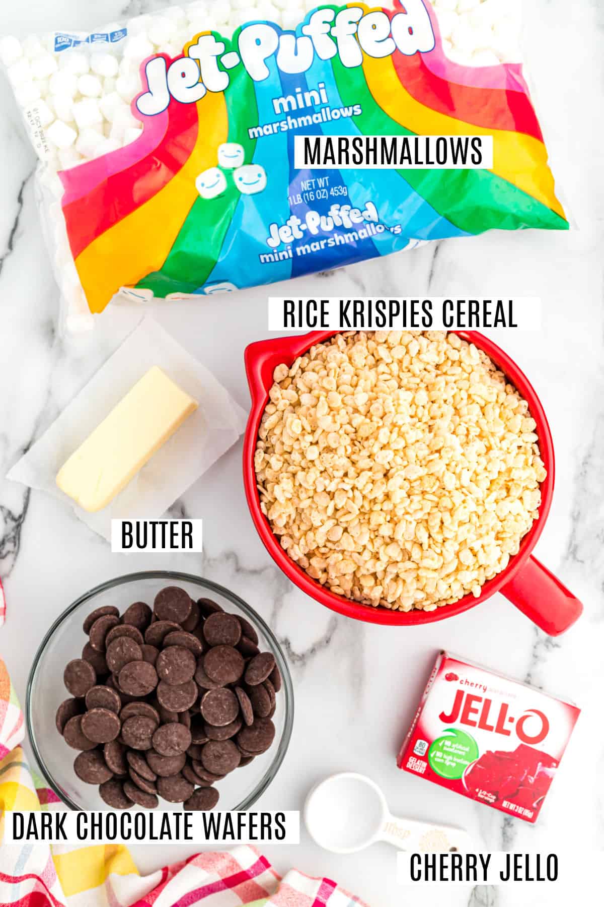 Ingredients needed to make cherry rice krispie treats.