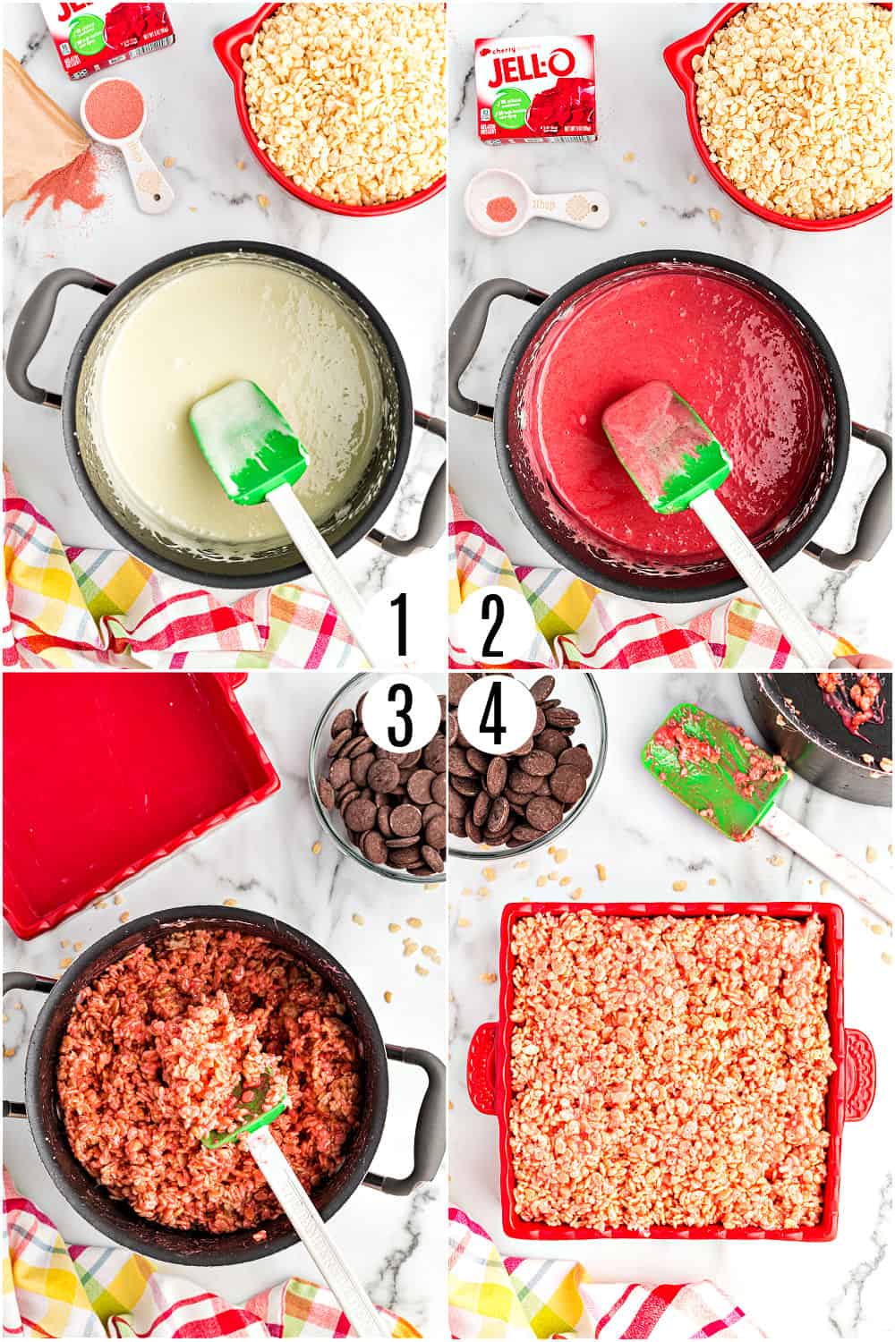 Step by step photos showing how to make cherry krispie treats with gelatin.