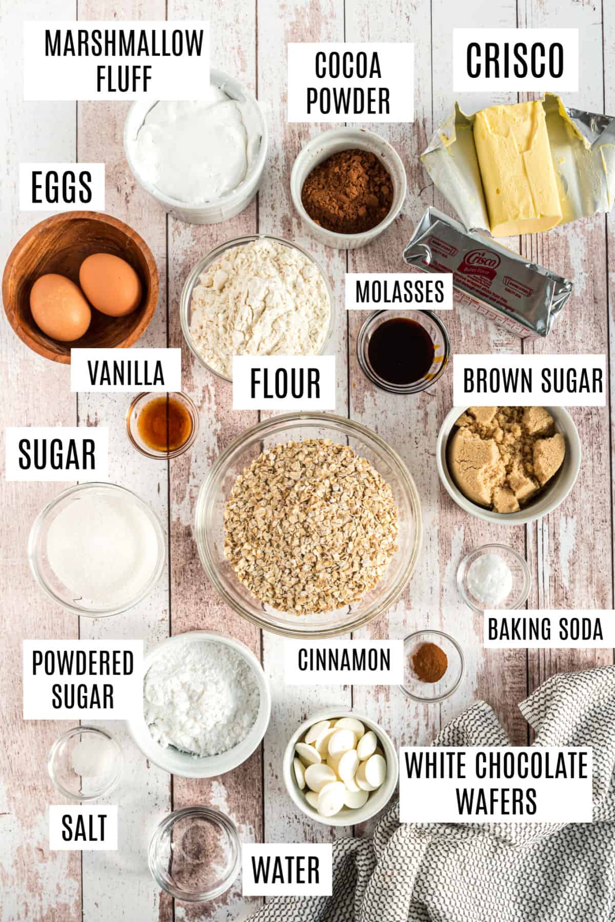 Ingredients needed for football shaped oatmeal cream pies.