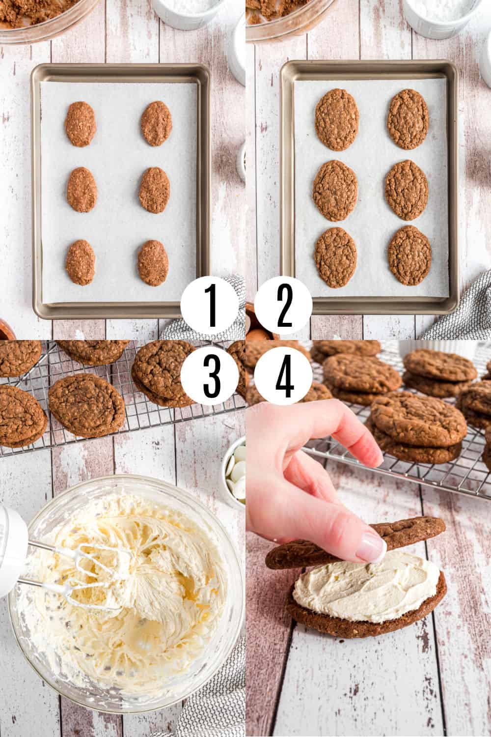 Step by step photos showing how to make football shaped chocolate oatmeal cream pies.