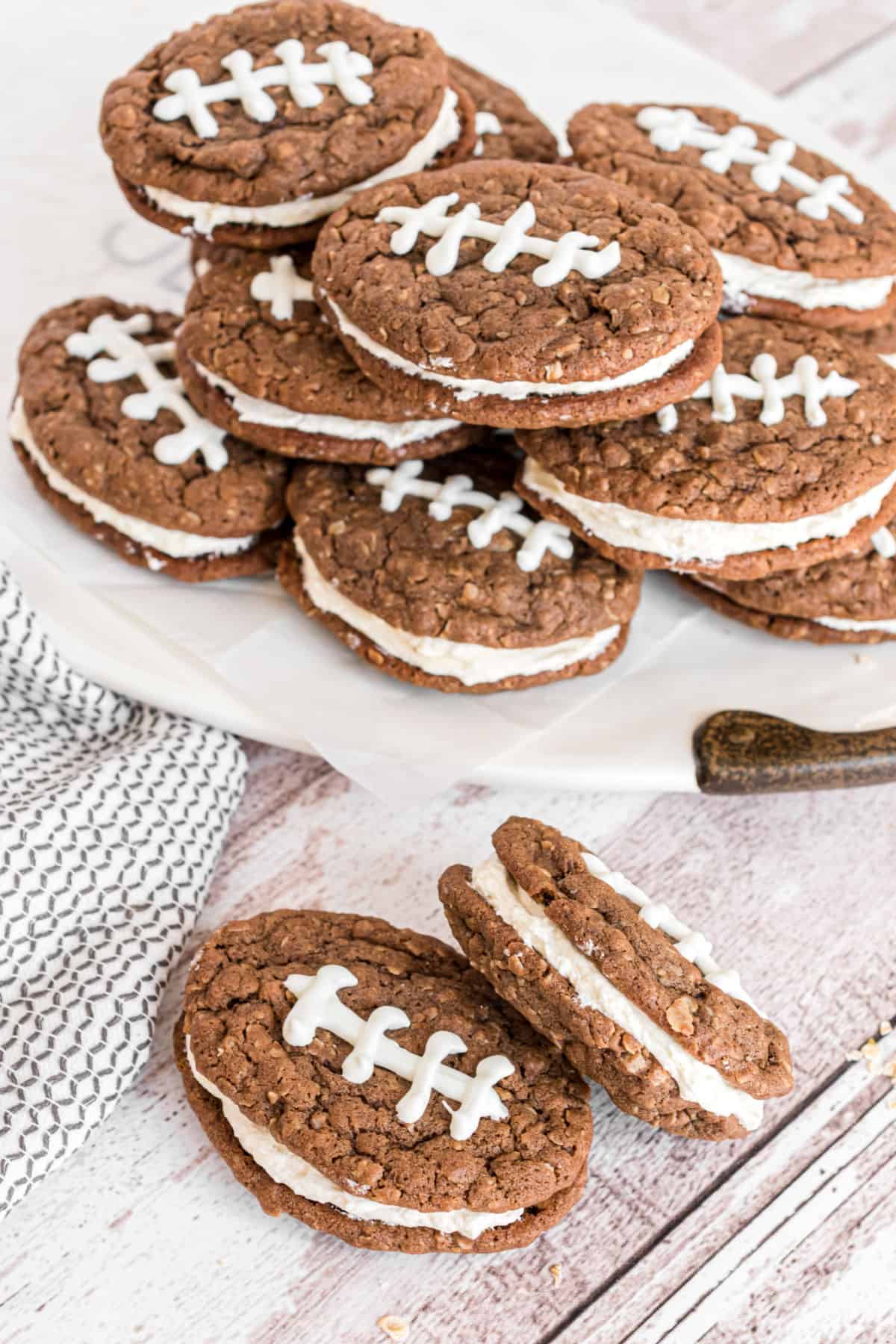 Chocolate oatmeal cream pies shaped like a football.