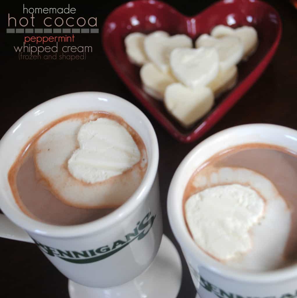 Homemade Hot Cocoa recipe with homemade frozen peppermint whipped cream hearts