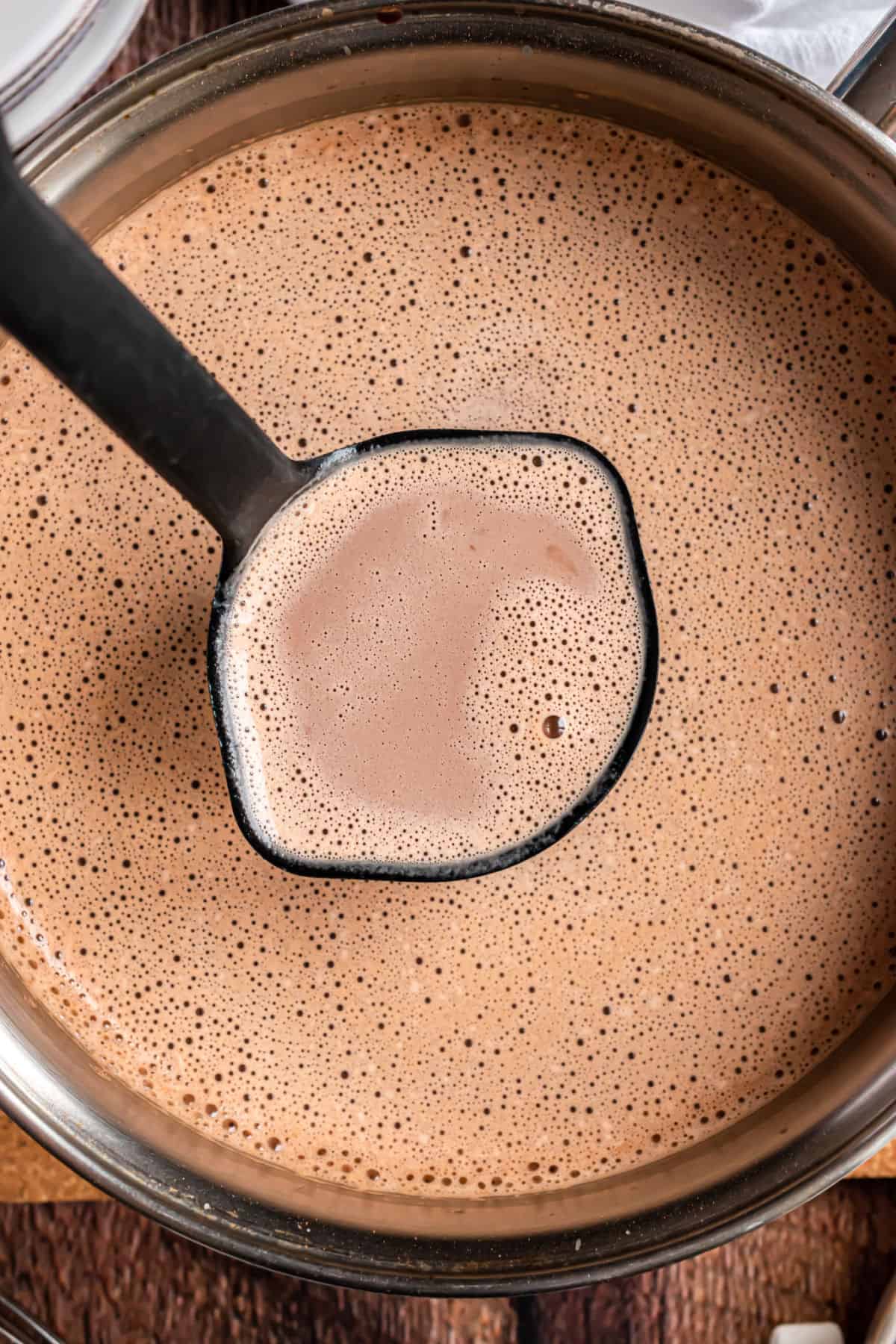 Homemade hot cocoa in saucepan with a ladle for serving.