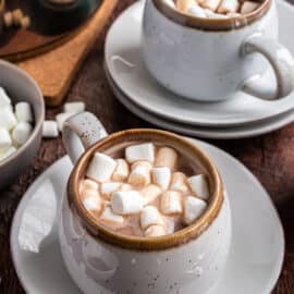 Homemade hot cocoa in a mug with marshmallows.