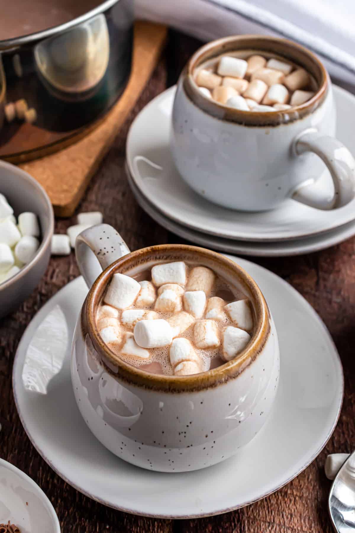 Homemade hot cocoa in a mug with marshmallows.