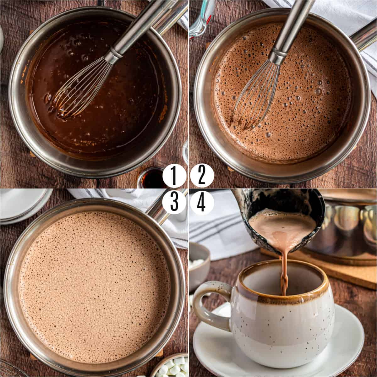 Step by step photos showing how to make homemade hot chocolate.