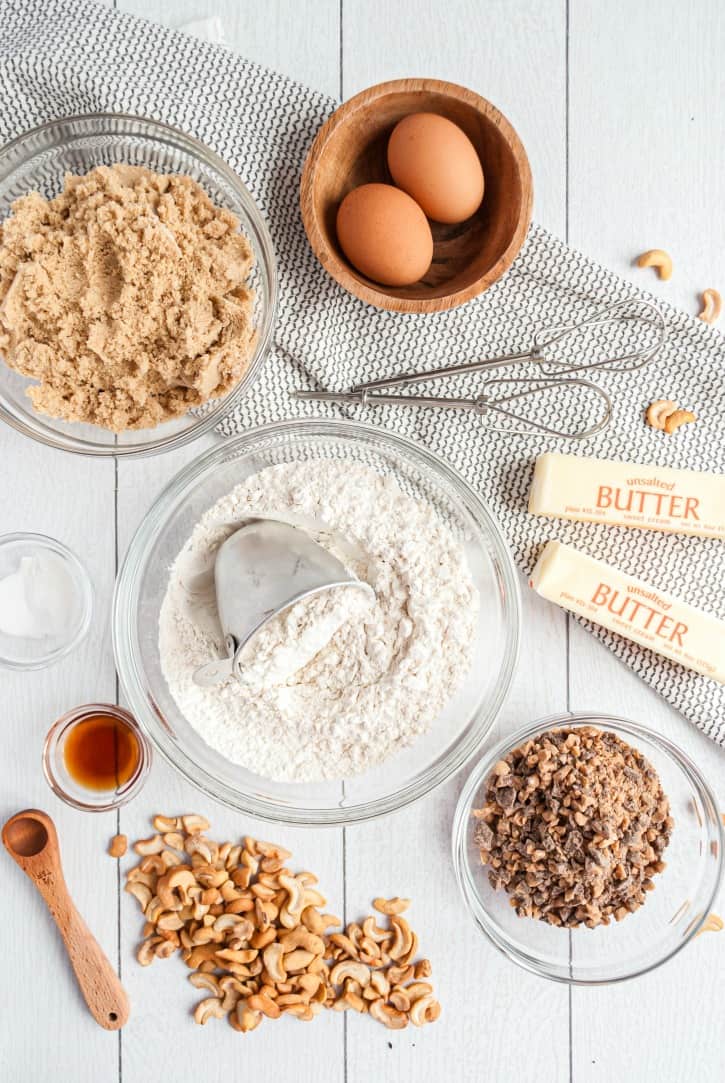 Ingredients needed for Toffee Cashew cookie recipe.