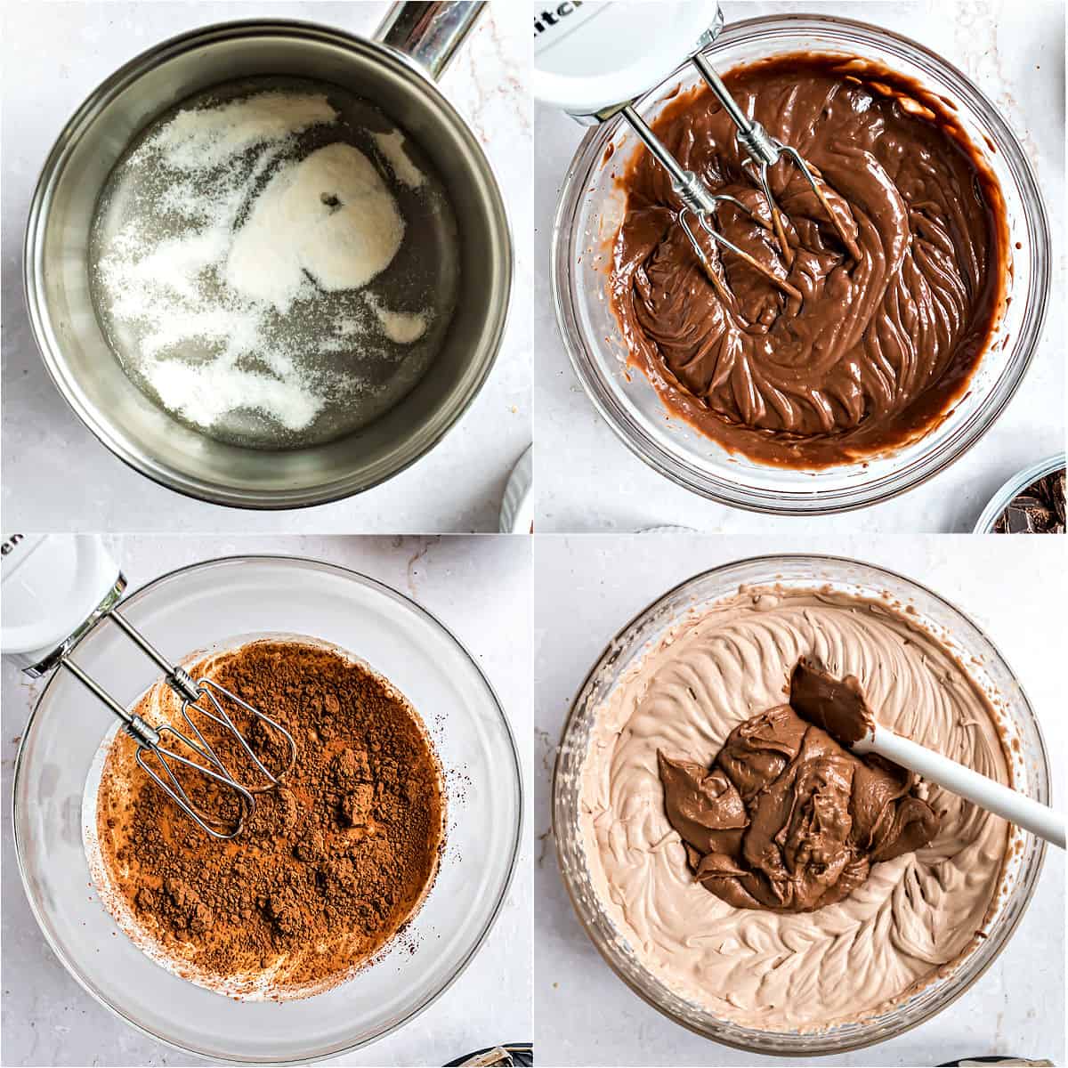 Step by step photos showing how to make chocolate mousse filling for tarte.