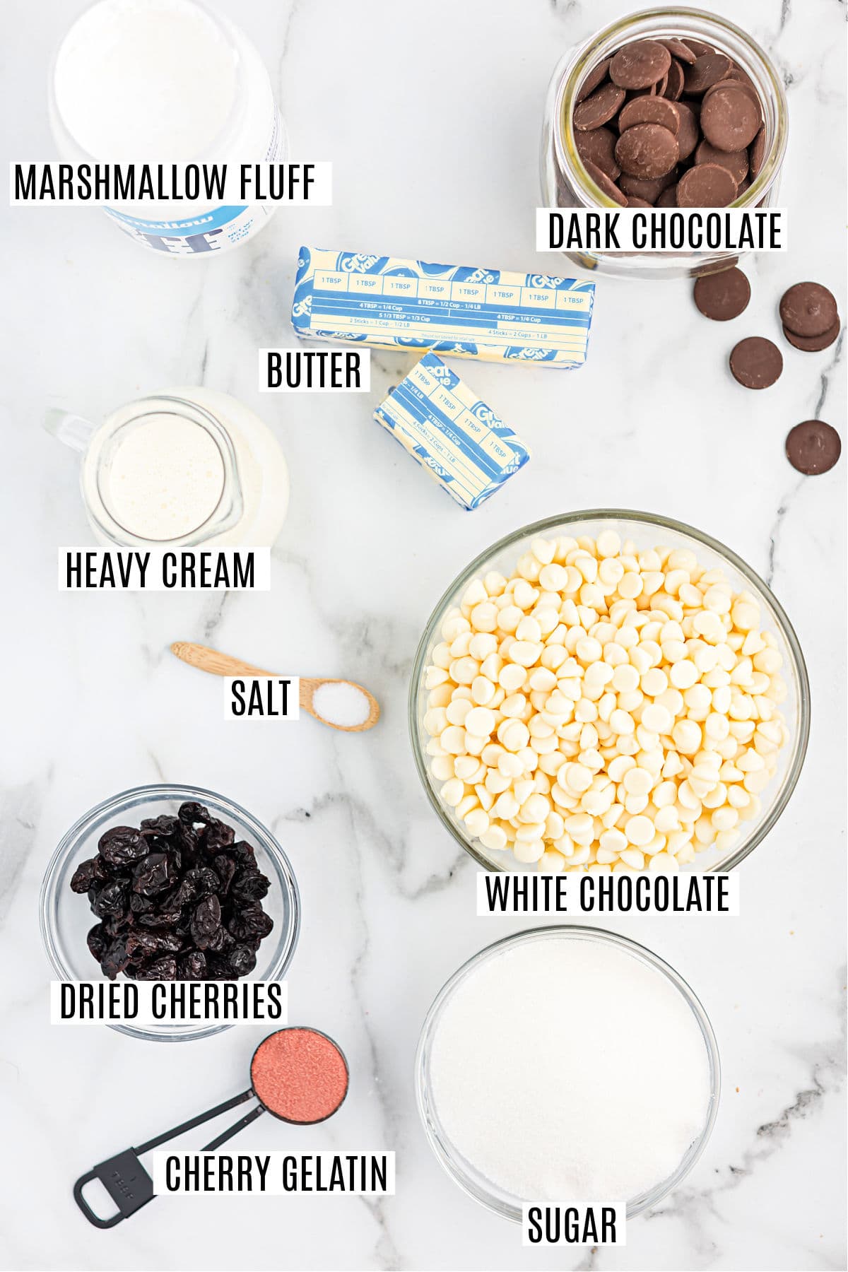 Ingredients needed to make cherry fudge.