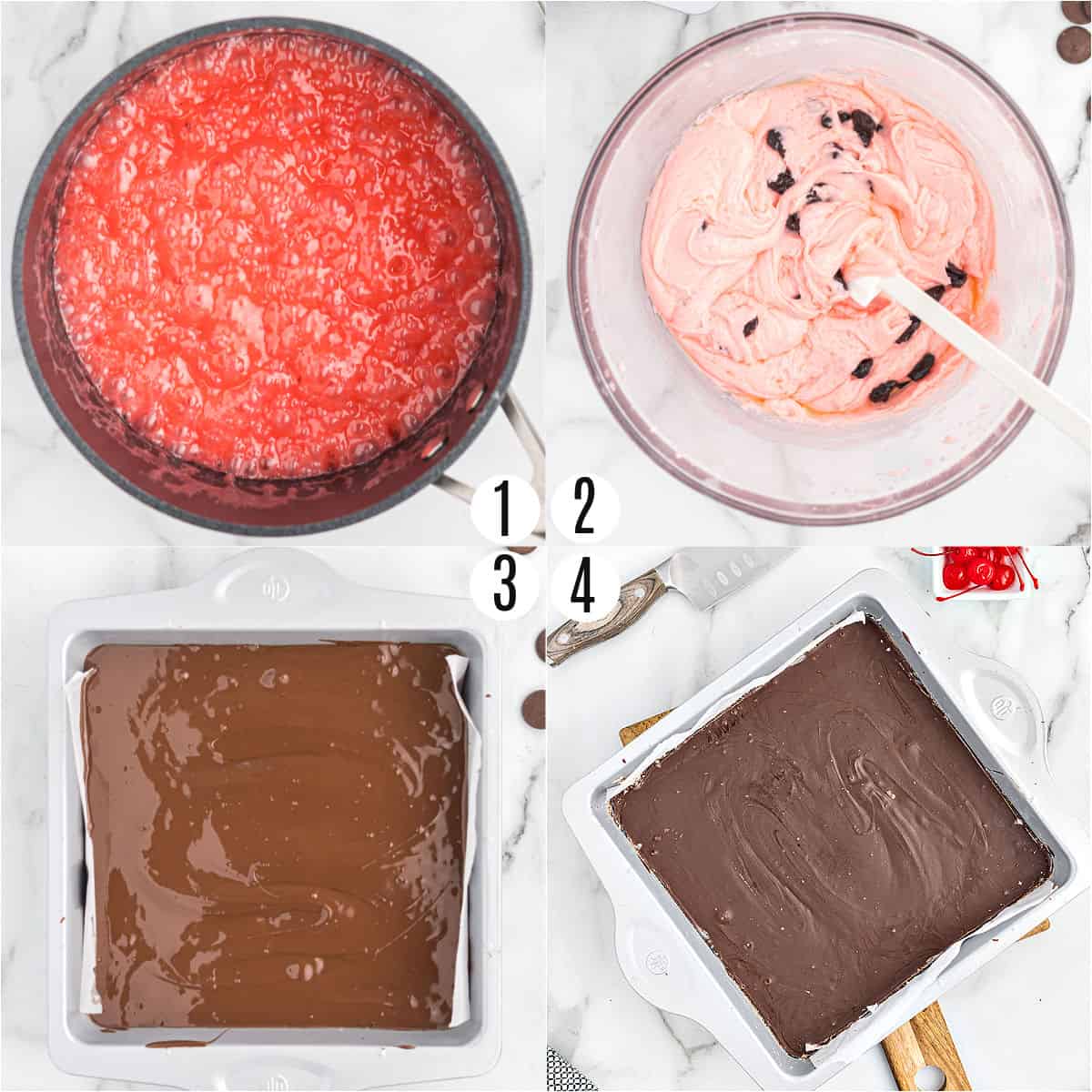 Step by step photos showing how to make cherry fudge.