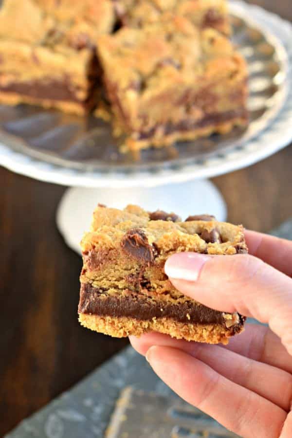 Chocolate Chip Toffee Fudge Cookie Bars with a graham cracker crust and a layer of toffee fudge! One decadent dessert recipe.