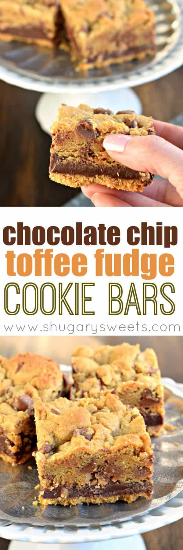 Chocolate Chip Toffee Fudge Cookie Bars with a graham cracker crust and a layer of toffee fudge! One decadent dessert recipe.